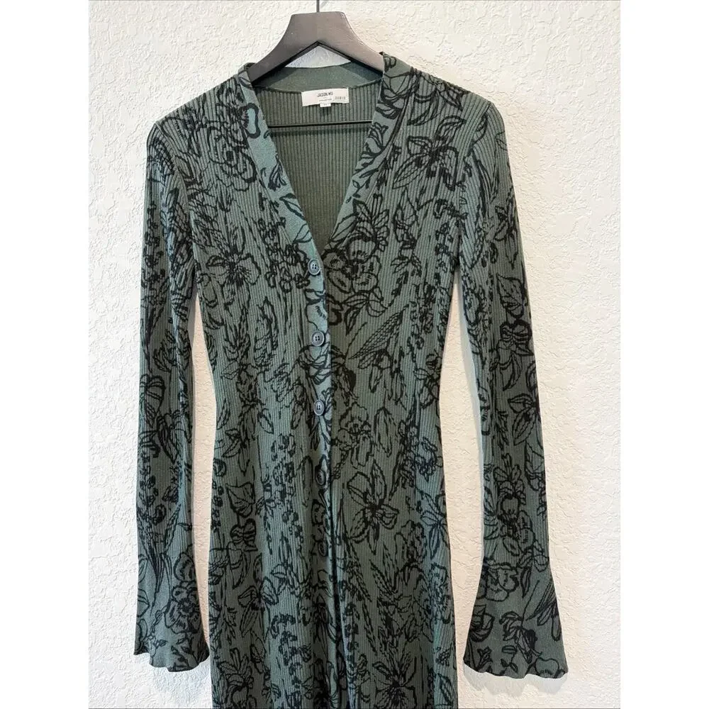Jason Wu Collective Dark Green Black Floral Midi Maxi Button Front Dress Medium